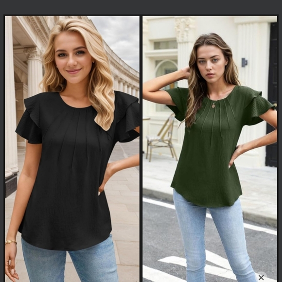Tops - Elegant Black and Green Ruffle Sleeve Tops